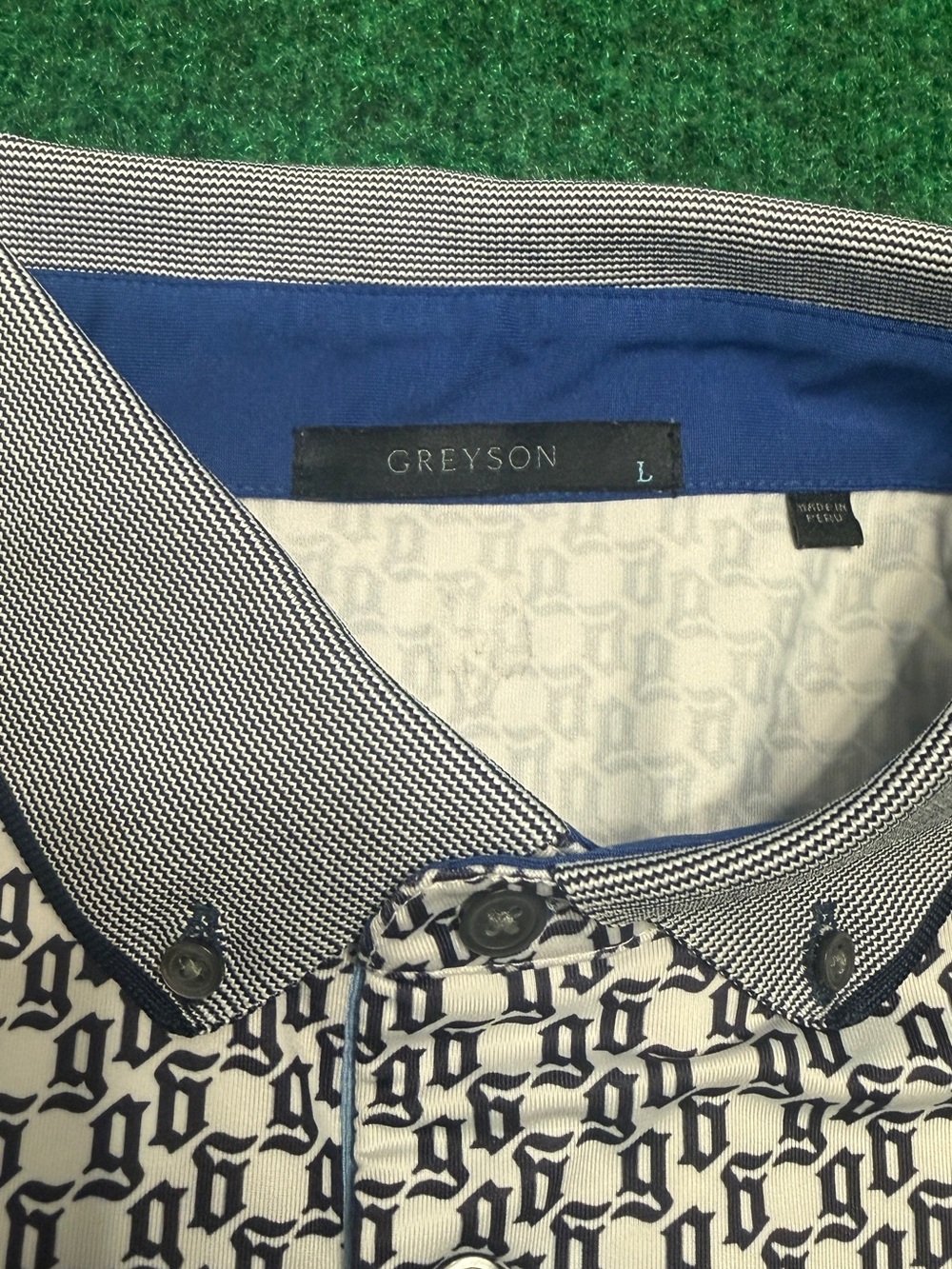 Greyson Cuffed Golf Polo with Navy “G” Monogram Pattern (Size Large/ White) - Picture 2 of 8